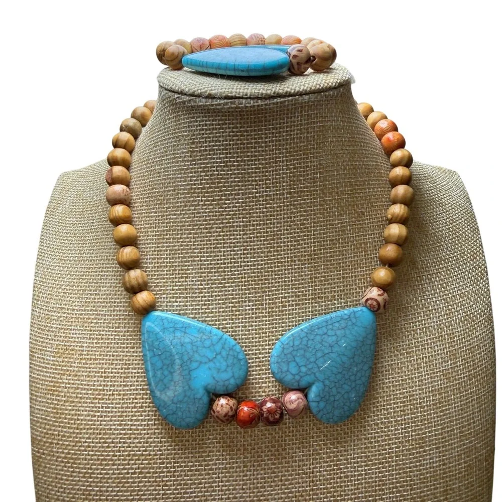 Heart Jewelry Set Turquoise Wood Boho‎ Southwestern Eclectic